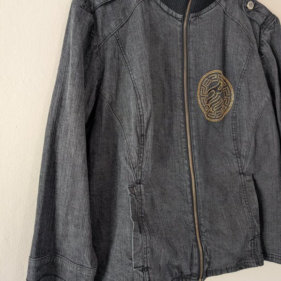Vintage Rocawear Denim Jacket Faded Black Denim Distressed Full Zip Collar 2X - Picture 10 of 16